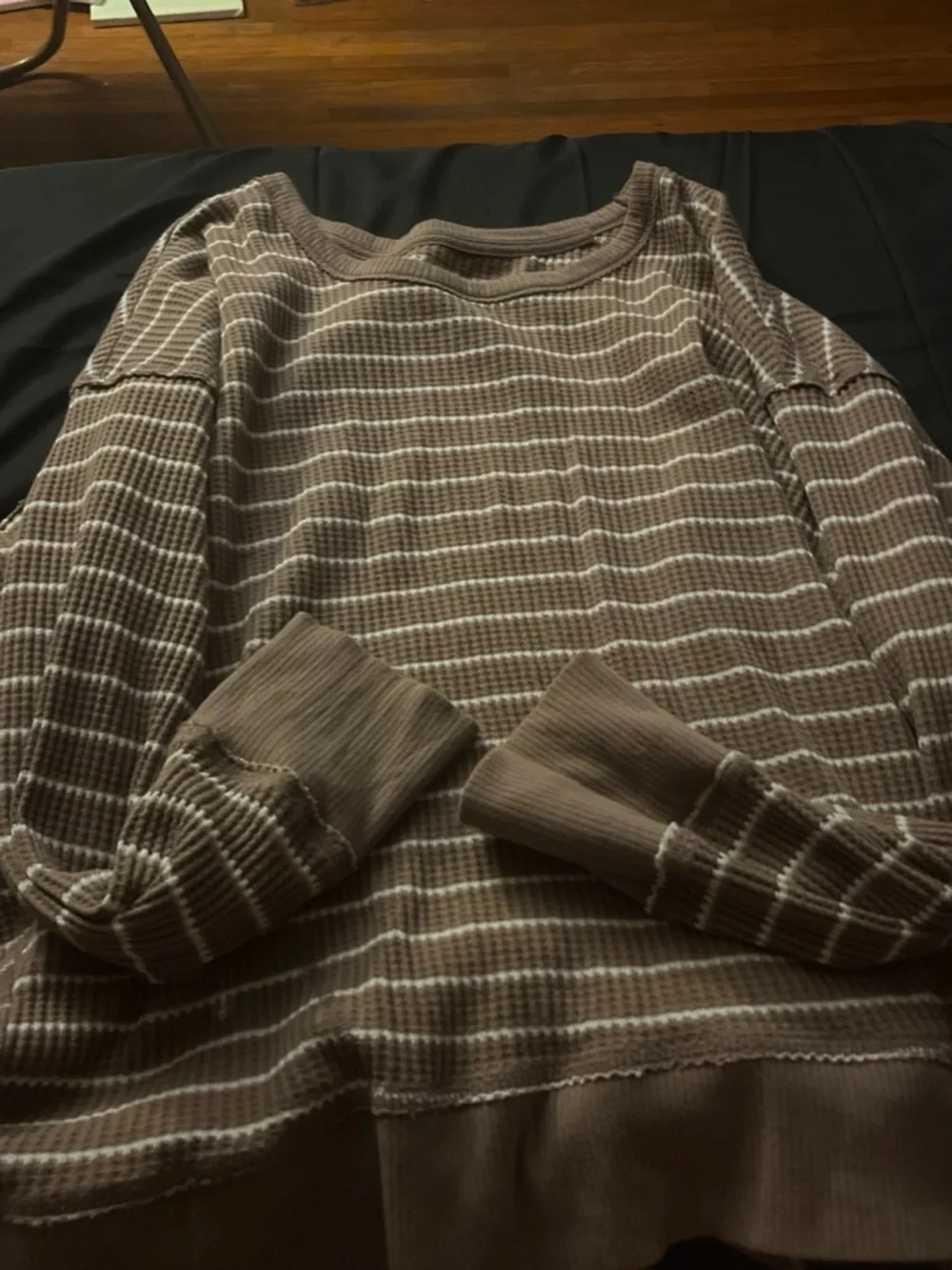 Women's Crewneck Waffle Knit Sweater in Brown Stripe